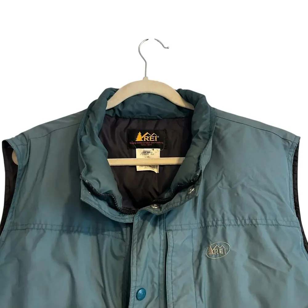 Vintage REI Green Down Filled Vest Mens Sz Large Nylon Puffer Full Zip Outdoor